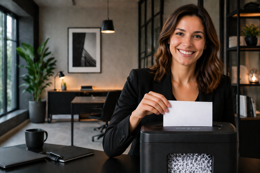 Eine lächelnde Frau vernichtet gerade eine Akte